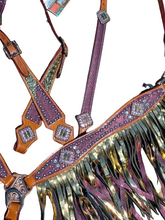 Load image into Gallery viewer, Viper Snake Pink Gold Double fringe, Horse Headstall and Breast Collar Set Fringe, Wither Strap
