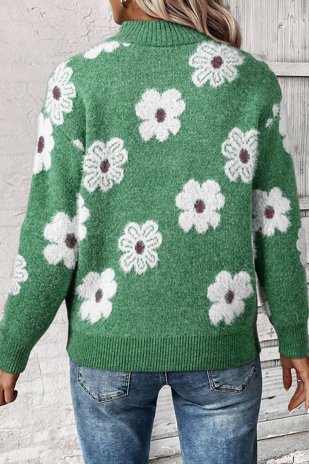 Flower Half Zip Long Sleeve Sweater Choose Green Pink or Grey