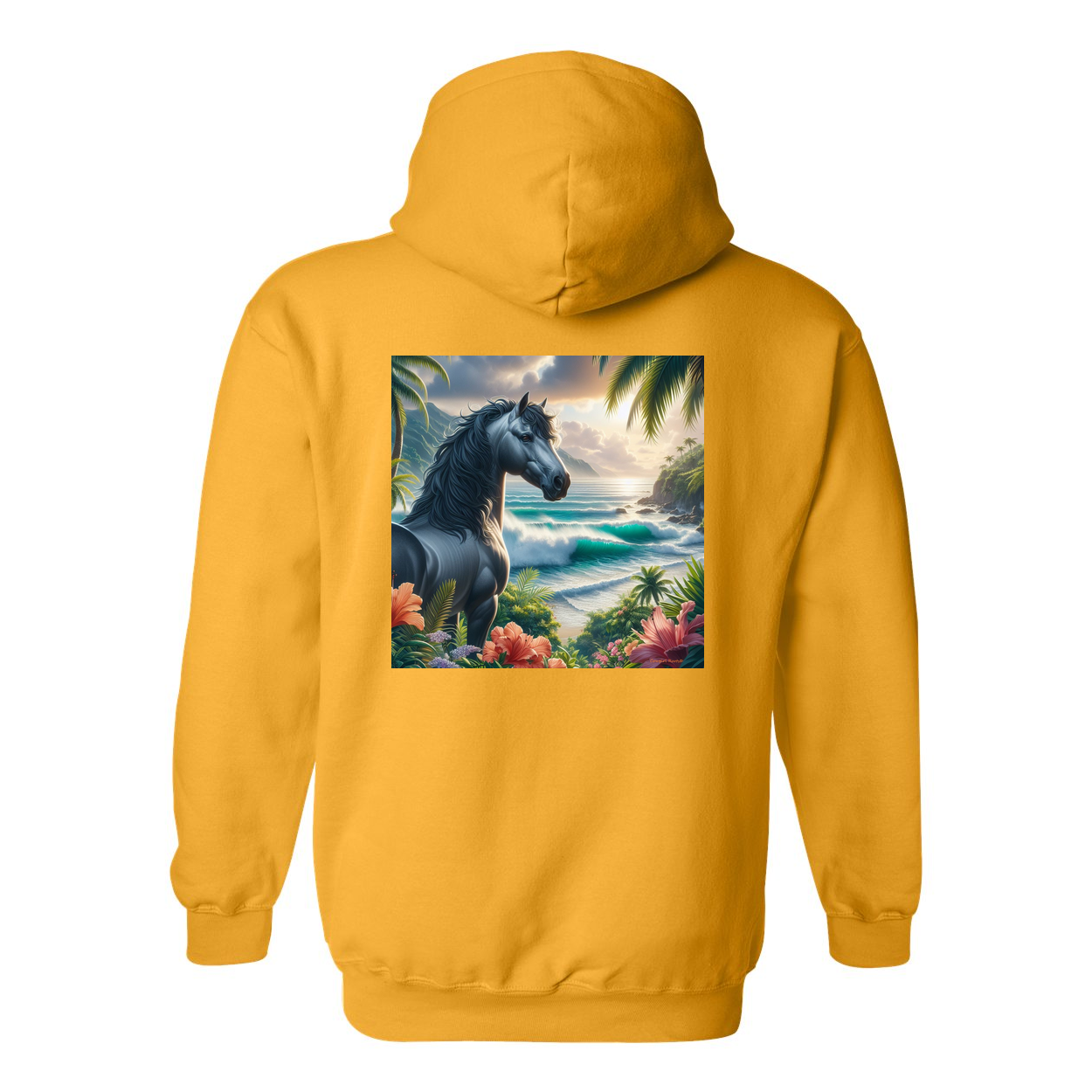 Tropical Grey Stallion Horse Design on Back Front Pocket Hoodies