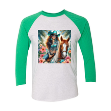 Load image into Gallery viewer, Cowgirl Tropics Island Cowgirl 3 4 Sleeve Raglan T Shirts

