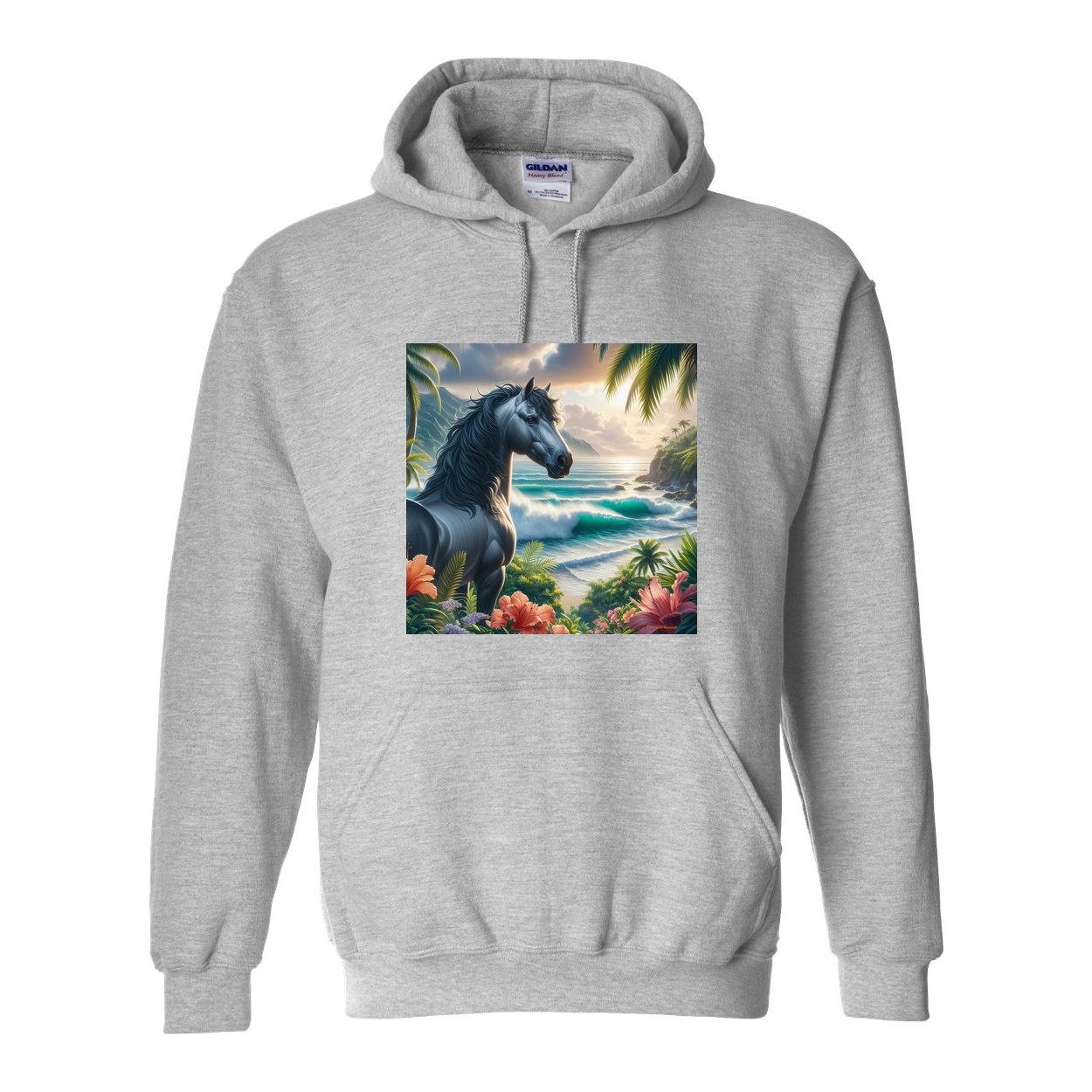 Tropical Grey Stallion Horse Pull Over Front Pocket Hoodies