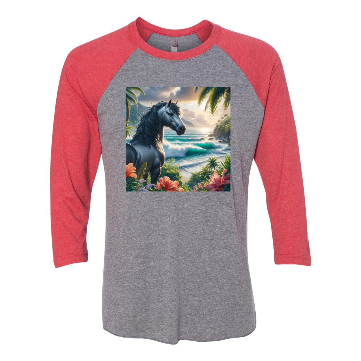 Tropical Grey Stallion Horse 3 4 Raglan T Shirts