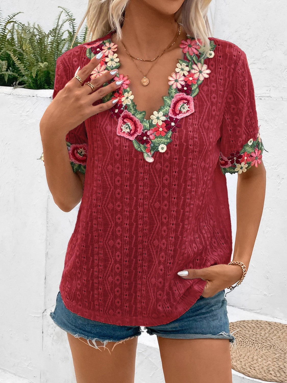 Eyelet Embroidered V-Neck Short Sleeve Blouse Choose Color