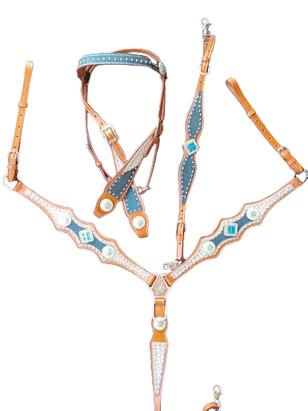 Turquoise and Silver Glitter Horse Headstall Breast Collar Set Wither Strap