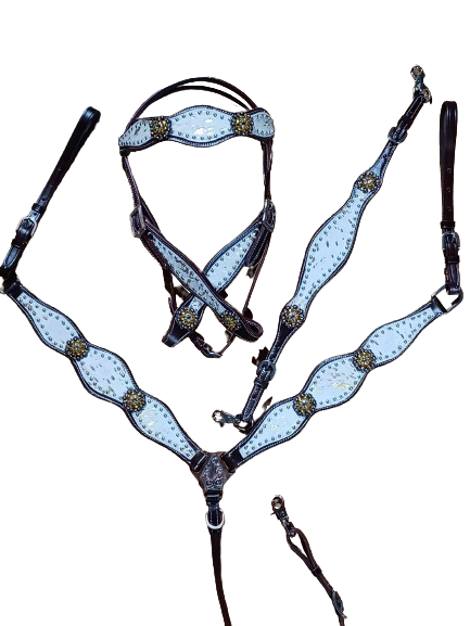 Cowgirl Roots™ Moo! Marvelous Hair on Hide Horse Headstall and Breast Collar Set Wither Strap