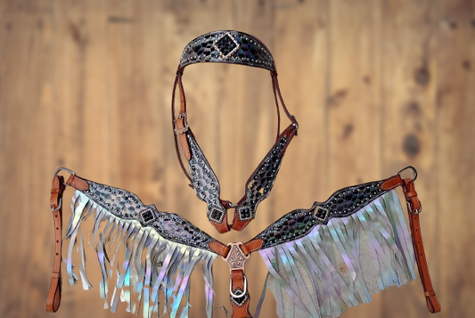 Octavia Black AB Bling Headstall  Breast Collar Set Fringe Wither Strap