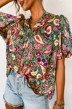Load image into Gallery viewer, Green V Neck Short Bubble Sleeve Paisley Blouse
