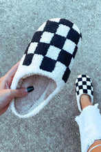 Load image into Gallery viewer, Black Checkered Print Fuzzy Slip On Winter Slippers
