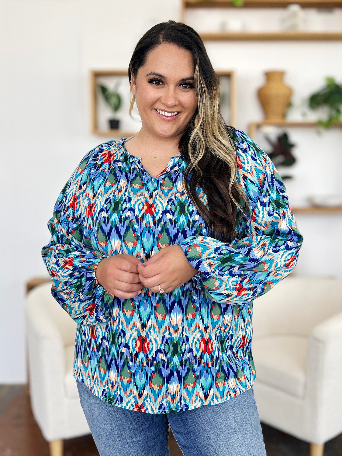 Double Take Full Size Printed Balloon Sleeve Blouse Choose Blue or Green