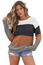 Load image into Gallery viewer, Chestnut Khaki Red Parchment Color Block Knitted O-neck Pullover Sweater
