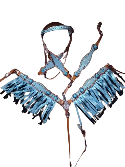 Sassy Double Fringe Turquoise Glitter Headstall Breast Collar Wither Strap