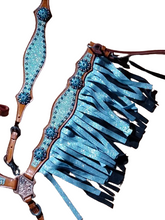 Load image into Gallery viewer, Sassy Double Fringe Turquoise Glitter Headstall Breast Collar Wither Strap

