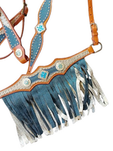 Load image into Gallery viewer, Turquoise Silver Glitter Double Fringe Horse Headstall and Breast Collar Set Fringe, Wither Strap
