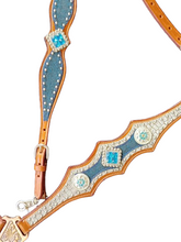 Load image into Gallery viewer, Turquoise and Silver Glitter Horse Headstall Breast Collar Set Wither Strap
