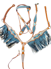 Load image into Gallery viewer, Turquoise Silver Glitter Double Fringe Horse Headstall and Breast Collar Set Fringe, Wither Strap
