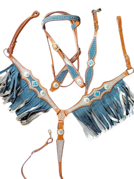 Turquoise Silver Glitter Double Fringe Horse Headstall and Breast Collar Set Fringe, Wither Strap