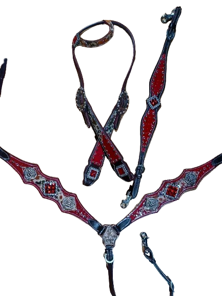 Country Rose Red Croc Headstall Breast Collar Set Wither Strap