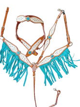 Load image into Gallery viewer, Traditional White Croc Bling Turquoise Fringe Horse Headstall Breast Collar Set Wither Strap
