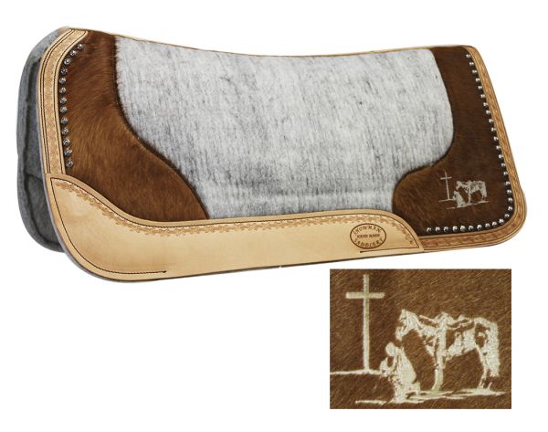 32" X 31" Felt Bottom Saddle Pad Hand Tooled Hair on Argentina Cowhide with Laser Etched Praying Cowboy