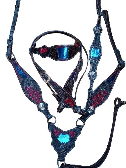 Horses Feather Flowers Headstall Breast Collar Wither Strap Turquoise