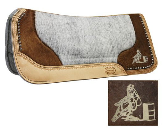 32" X 31" Felt Bottom Saddle Pad Hand Tooled Hair on Argentina Cowhide With Laser Etched Barrel Racer