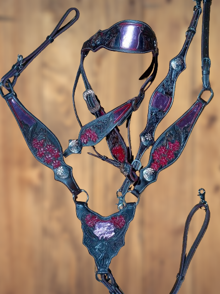 Horses Feathers Flowers Headstall and Breast Collar Sets Wither Strap Pink