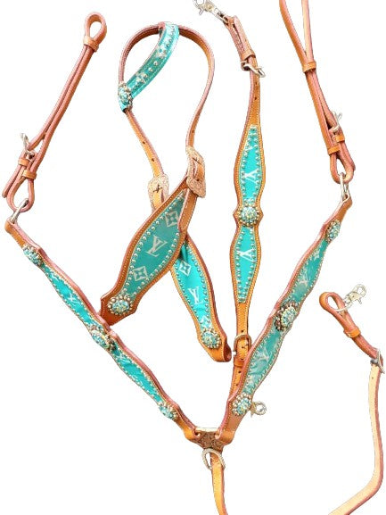 LV Turquoise Bling Headstall Breast Collar Set, Wither Strap