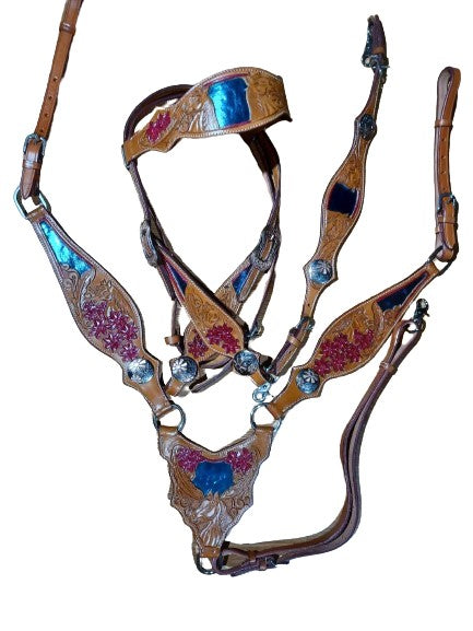 Horses Feather Flowers Headstall Breast Collar Wither Strap Medium Turquoise