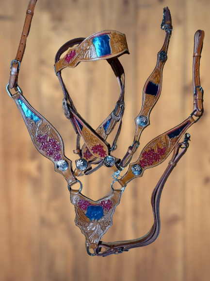 Horses Feather Flowers Headstall Breast Collar Wither Strap Medium Turquoise