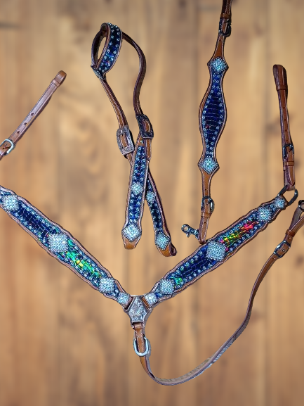 Black Croc AB Finish, Headstall Breast Collar Set, Wither Strap