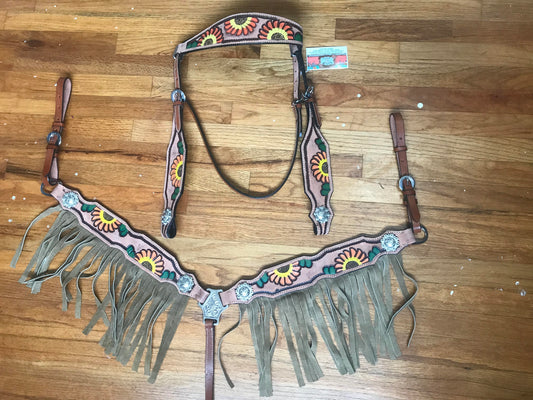 Orange Sunflower Fringe Headstall Breast Collar Set