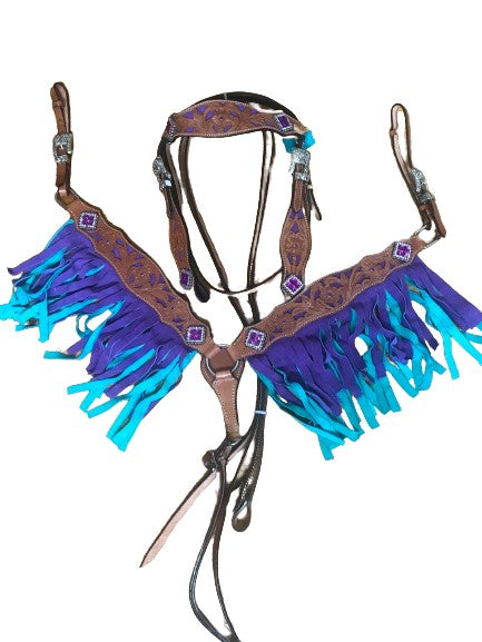 Turquoise and Purple Suede Double Fringe Headstall Breast Collar Set