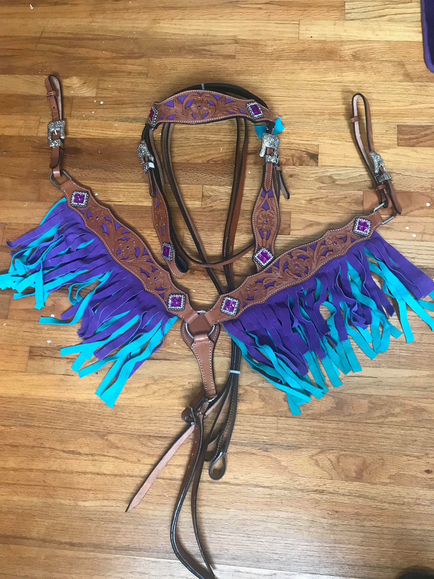 Turquoise and Purple Suede Double Fringe Headstall Breast Collar Set