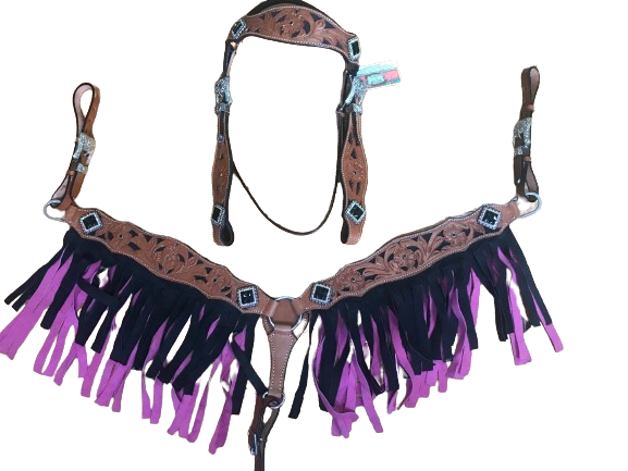 Western Blossom Pink Black Headstall Breast Collar Set Wither Strap