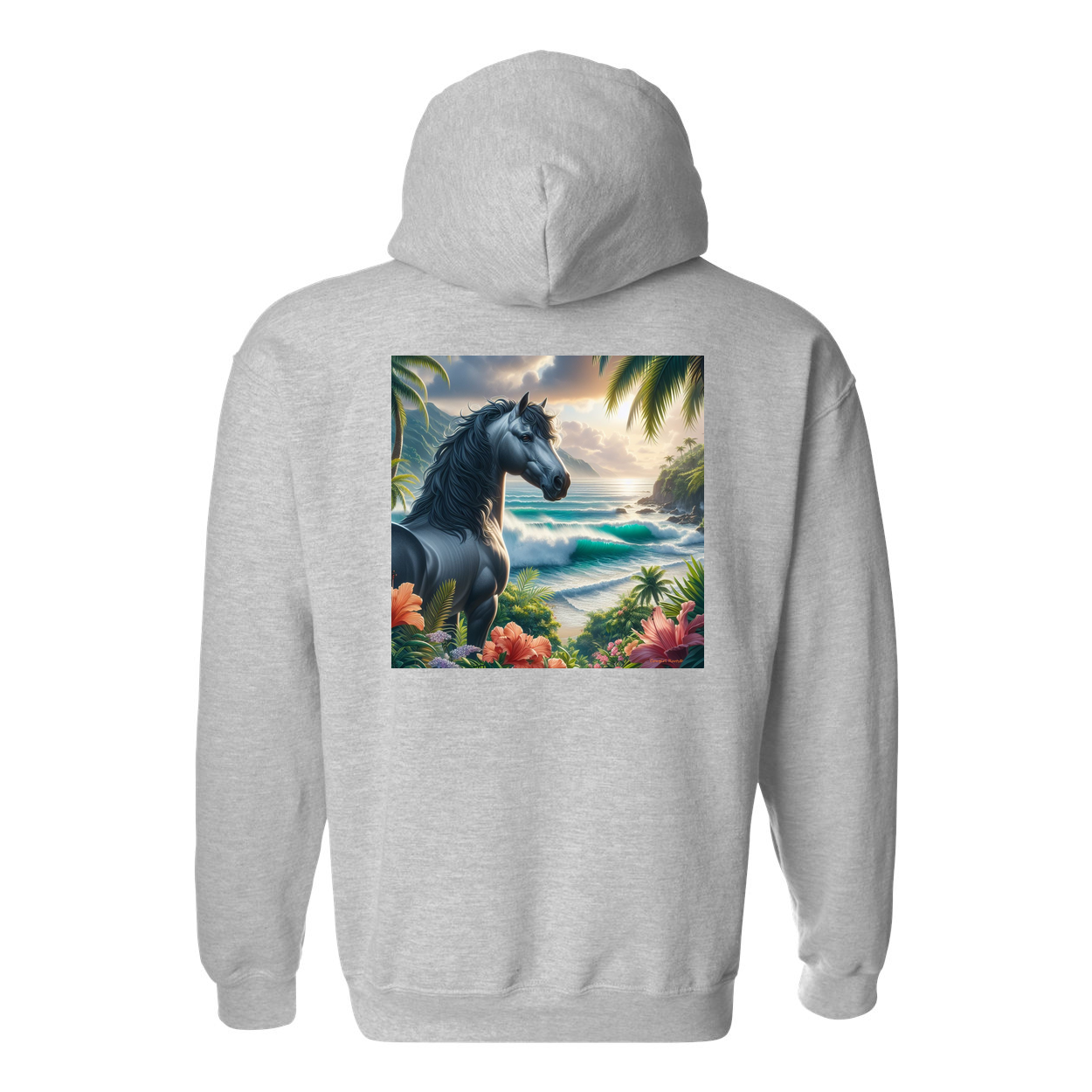 Tropical Grey Stallion Horse Design on Back Front Pocket Hoodies