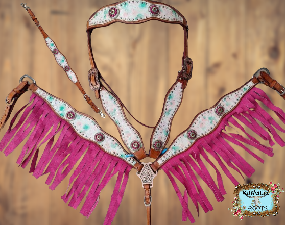 Splash Flower Teal and Pink Fringe Horse Tack Bridle Set with Wither Strap