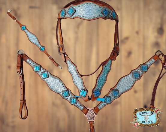 Metallic Turquoise AB Rainbow Effect Bling Horse Tack bridle Set with Wither Strap