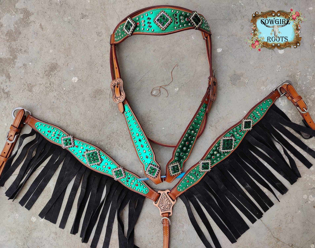 Green Metallic Overlay with Black Suede Fringe Horse Tack Bridle Set with Wither Strap