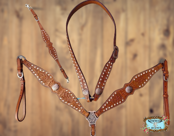 Flower Tooled White Buck-Stitch Horse Tack Bridle Set with Wither Strap