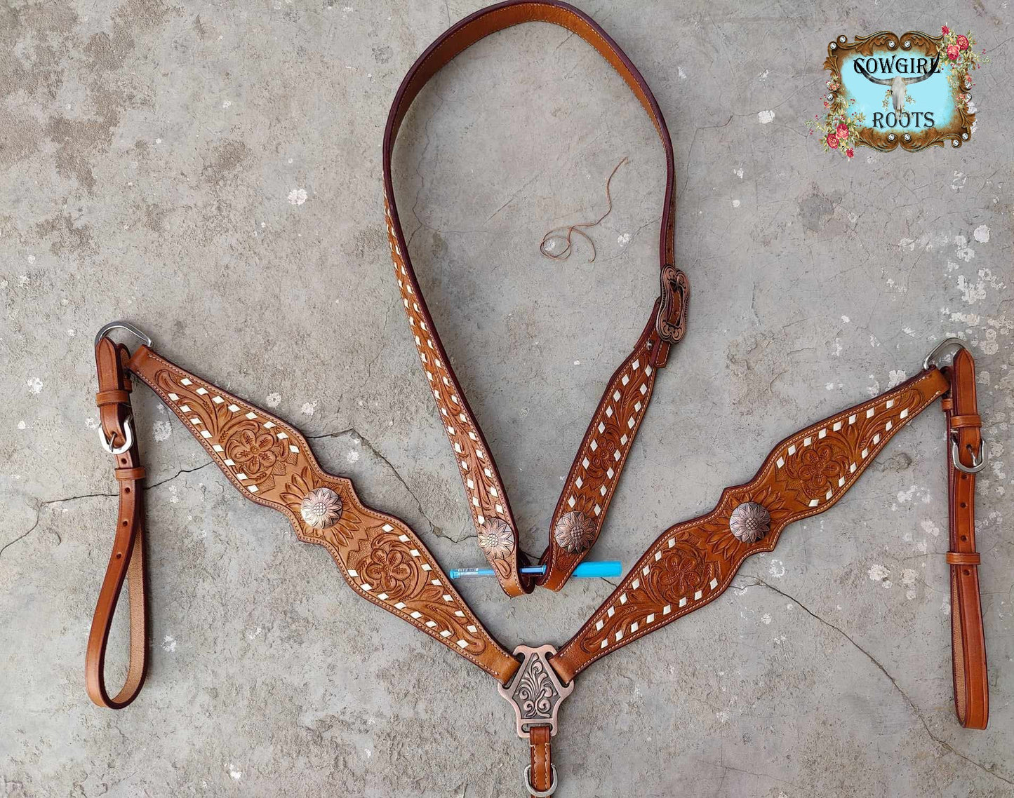 Flower Tooled White Buck-Stitch Horse Tack Bridle Set with Wither Strap