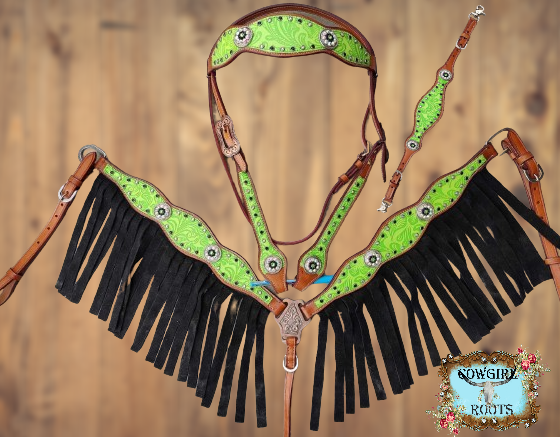 Lime Green Tropical Flower Fringe Horse Tack Bridle Set with Wither Strap