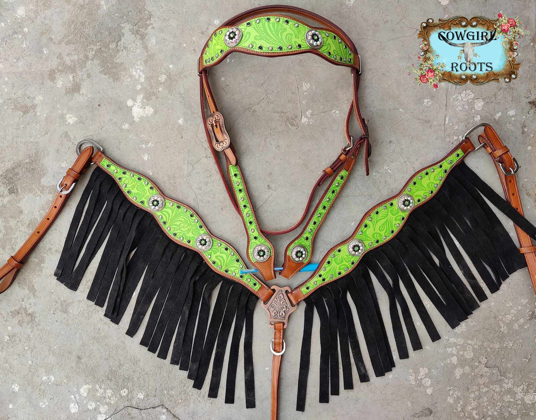 Lime Green Tropical Flower Fringe Horse Tack Bridle Set with Wither Strap
