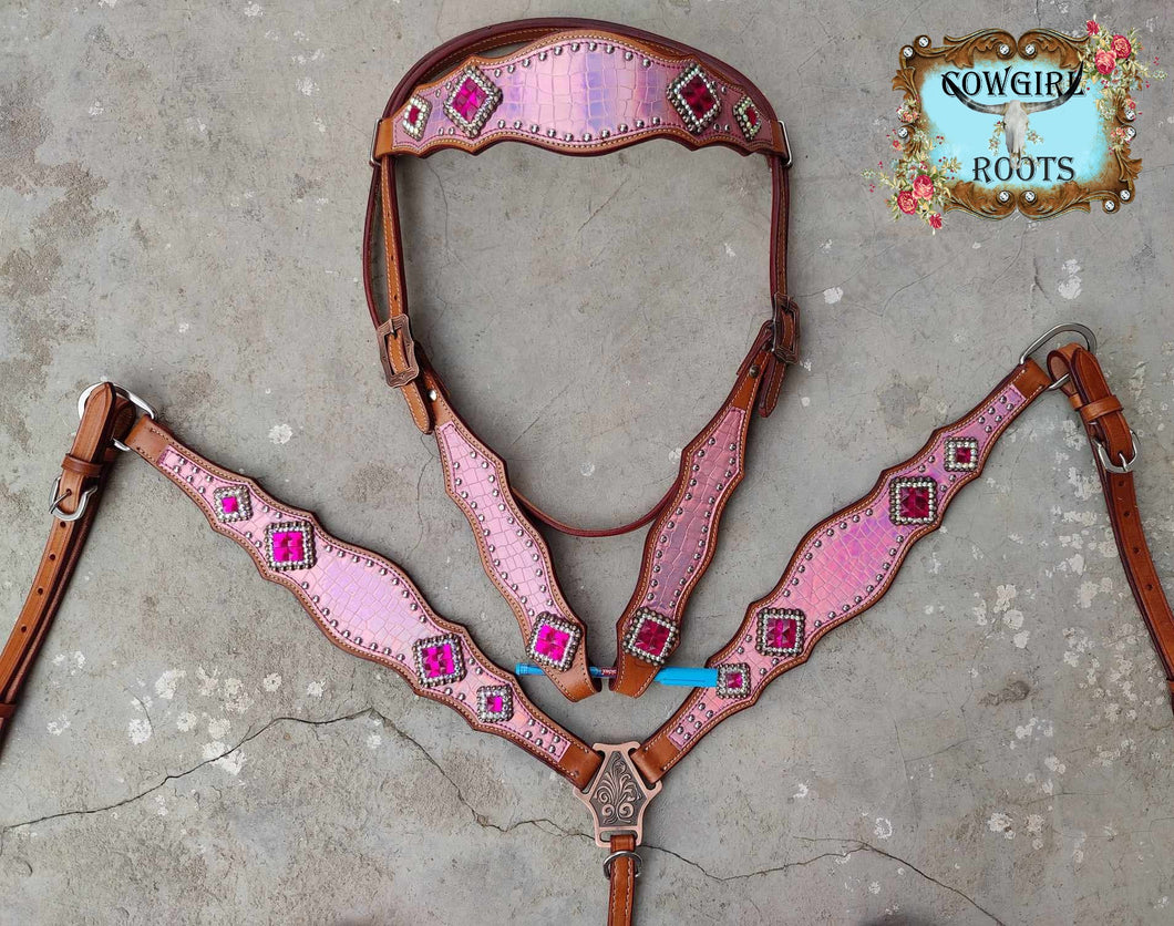 Pink Metallic Gator Print Bling Horse Tack Bridle Set with Wither Strap