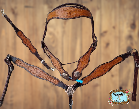 Longhorn and Flowers Tooled Horse Tack Bridle Set with Wither Strap