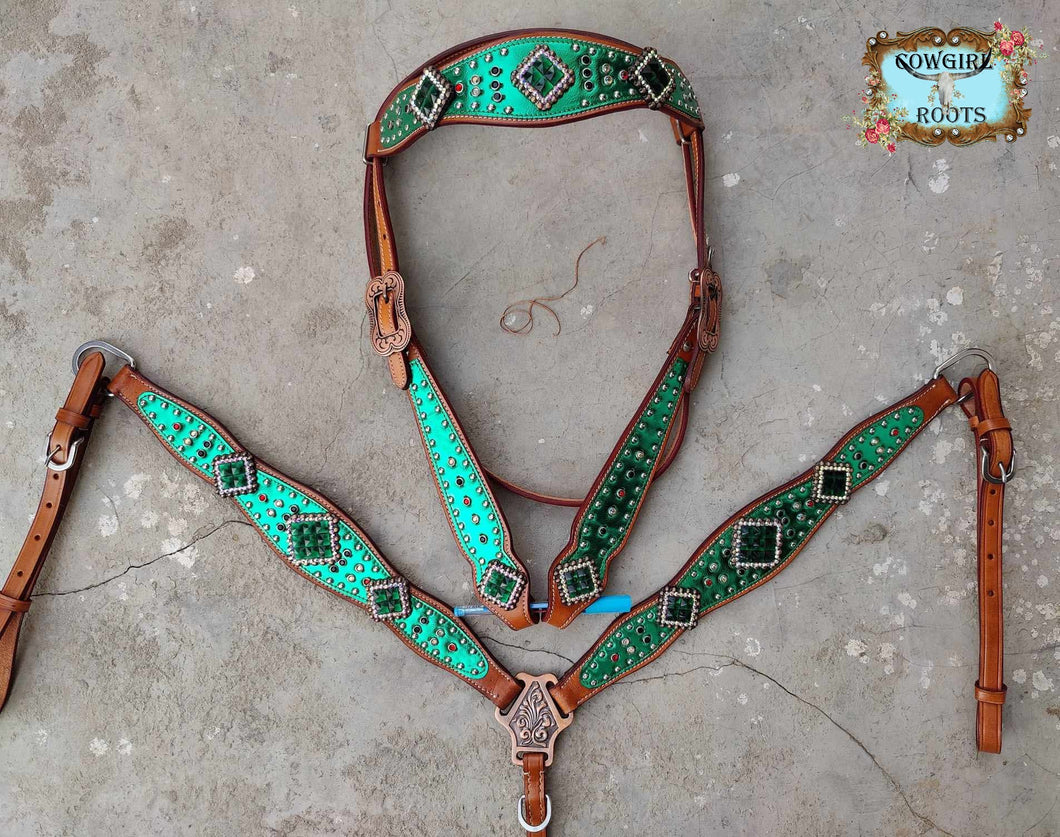 Green Metallic Overlay Horse Tack Bridle Set with Wither Strap