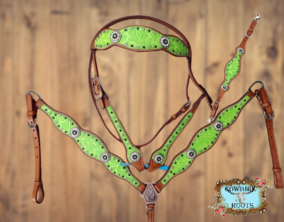 Lime Green Tropical Flower Horse Tack Bridle Set with Wither Strap