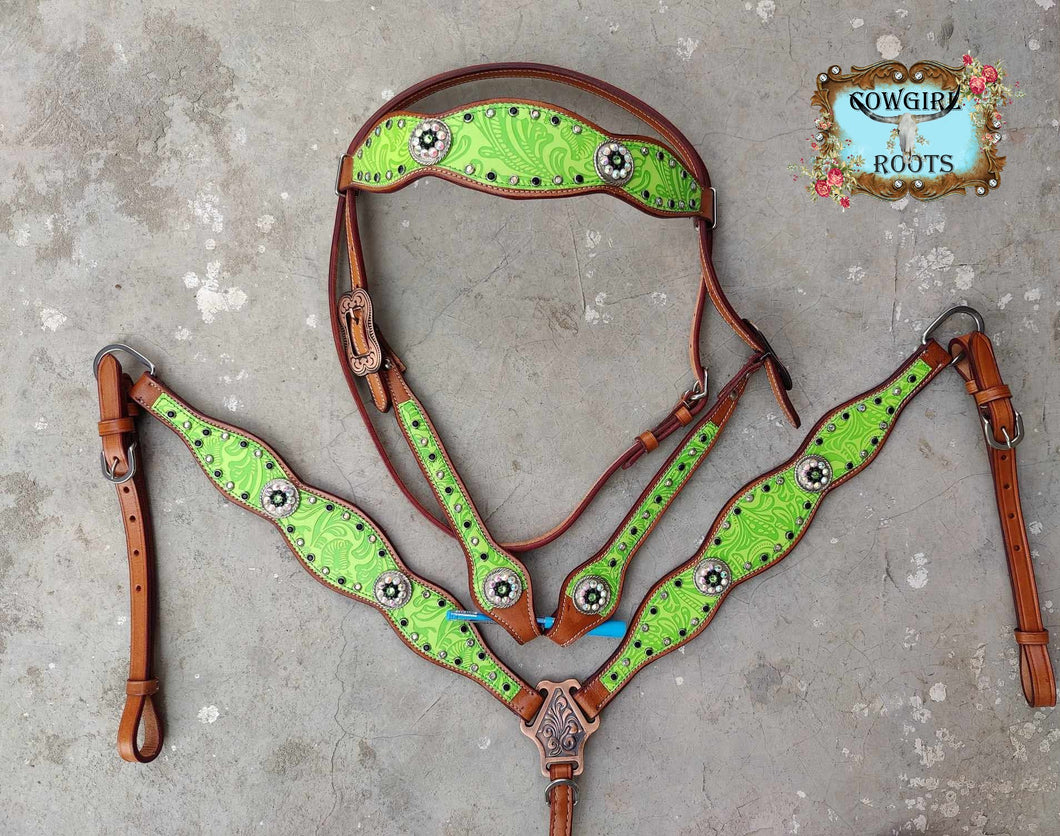 Lime Green Tropical Flower Horse Tack Bridle Set with Wither Strap