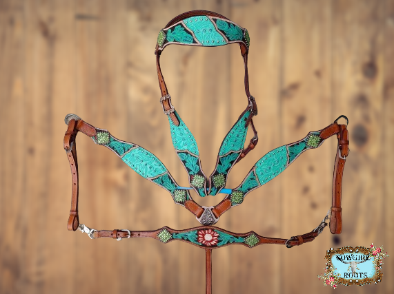 Tropical Turquoise Floral Filigree Tooled and Painted Horse Tack Bridle Set