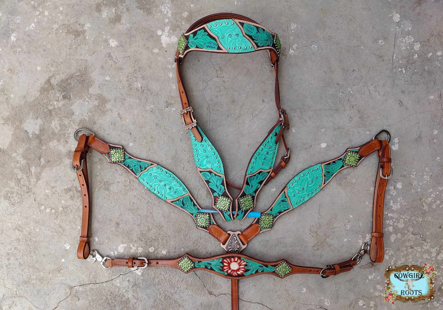 Tropical Turquoise Floral Filigree Tooled and Painted Horse Tack Bridle Set