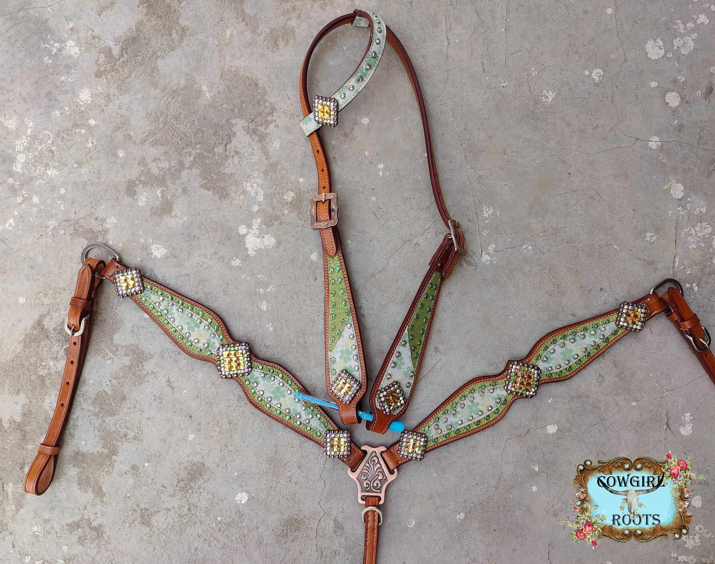 Spring in Green Glitter Flower Horse Tack Bridle Set with wither Strap